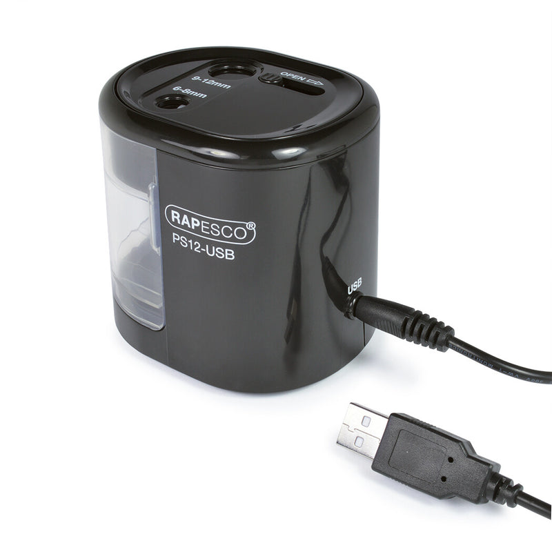 Rapesco PS12-USB Elektrisk blyantspidser Sort, Transparent
