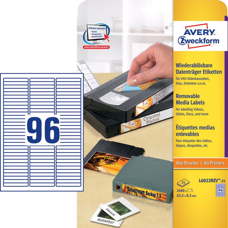 Avery L6022REV-25 selvklæbende etiket Afrundet rektangel Aftagelig Hvid 2400 stk