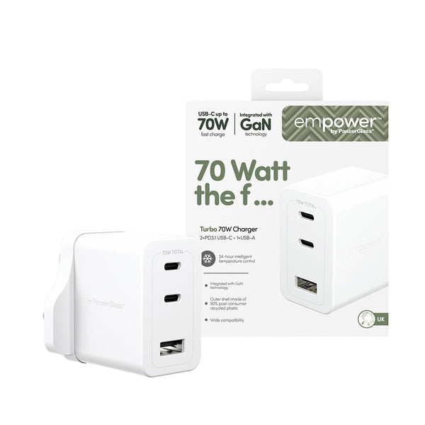 PanzerGlass empower™ by ® Turbo 70W Oplader inkl. 2 x USB-C + USB-A | UK Stik | Silver White