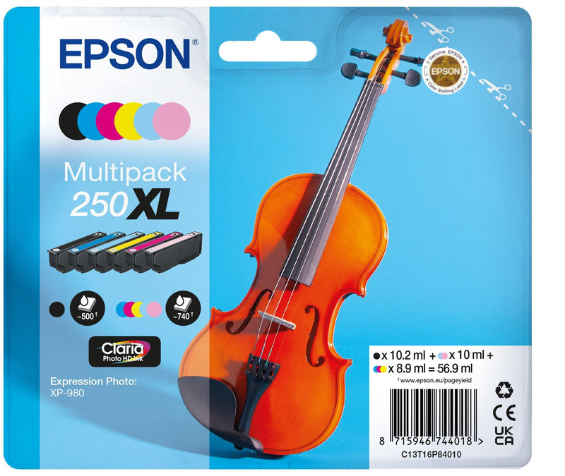 Epson 250XL Violin Claria Photo HD blækpatron 1 stk Original High (L) Yield Sort, Blå, Lys cyan, Lys magenta, Magenta, Gul