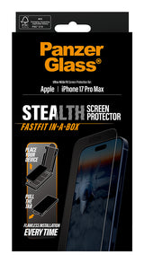 PanzerGlass ® Stealth Skærmbeskyttelse iPhone 17 Pro Max | Ultra-Wide Fit m. Fastfit in-a-box