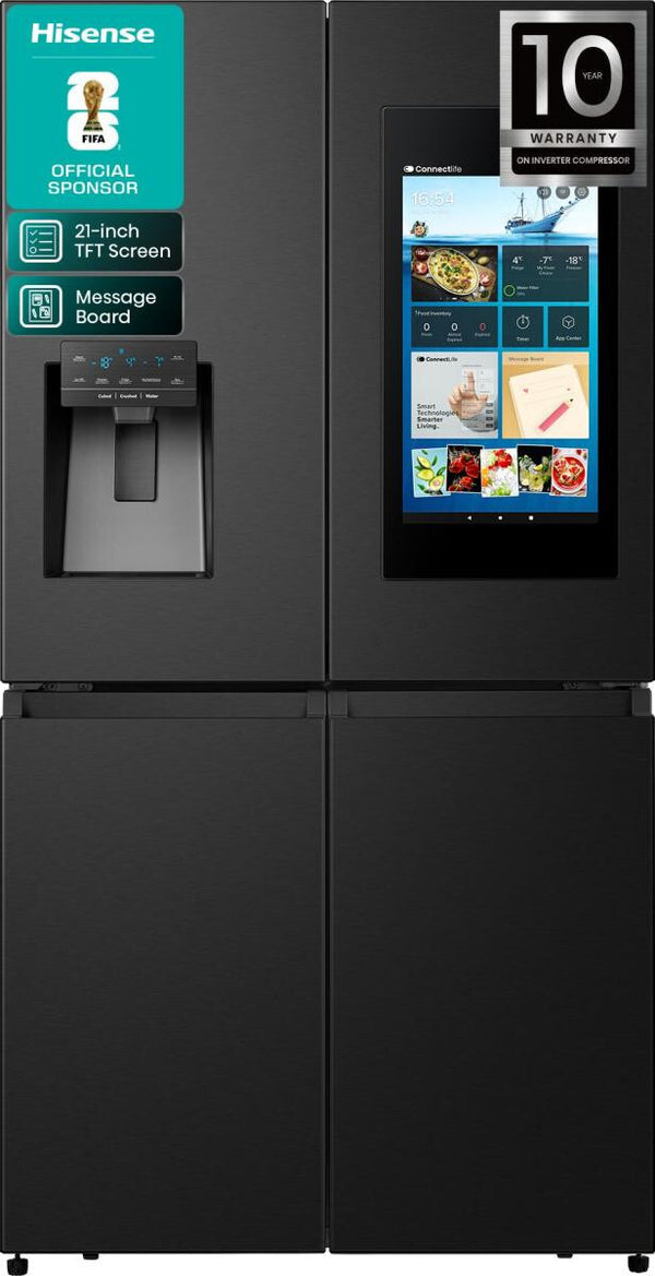 Hisense Dette køleskab fra i elegant sort og med fire døre er uundværligt i det moderne hjem. Det har tre kølezoner, vand /isdispenser og en stor berøringsskærm i farver til håndtering af indkøbslister, køleskabsinventar, fotoalbum og meget mere.