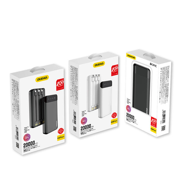 DUDAO capacious powerbank with 3 built-in cables 20000mAh USB Type C + micro USB + Lightning black ( K6Pro+) Lithium polymer (LiPo) Sort