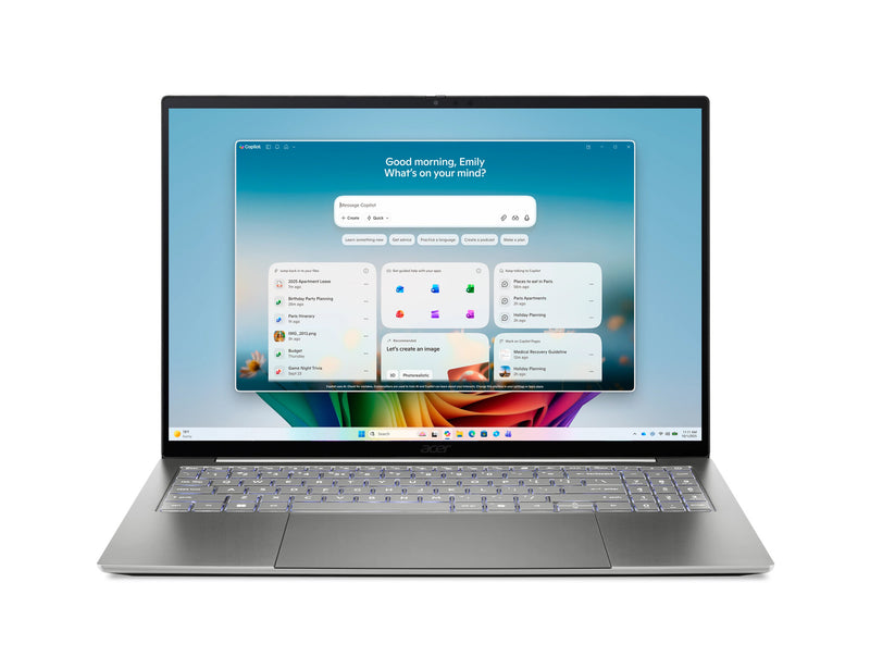 Acer Swift 16 AI SF16-71T-993G Intel Core Ultra X9 388H Laptop 40,6 cm (16") Berøringsskærm WQXGA+ 32 GB LPDDR5x-SDRAM 1 TB SSD Wi-Fi 7 (802.11be) Windows 11 Home Grå