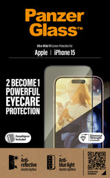 PanzerGlass ® EyeCARE™ Skærmbeskyttelse iPhone 15 | Ultra-Wide Fit m. EasyAligner