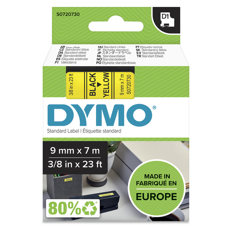 DYMO Originale D1-etiketter | Sort skrift på gul tape | 9 mm x 7 m | Selvklæbende etiketter til LabelManager-mærkningsmaskiner | Fremstillet i Europa