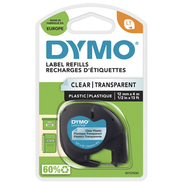 DYMO LetraTag plastetiketter | Original | 12 mm x 4 m rulle | Sort tekst på gennemsigtige etiketter | Selvklæbende, alsidige etiketter til LetraTag mærkemaskiner