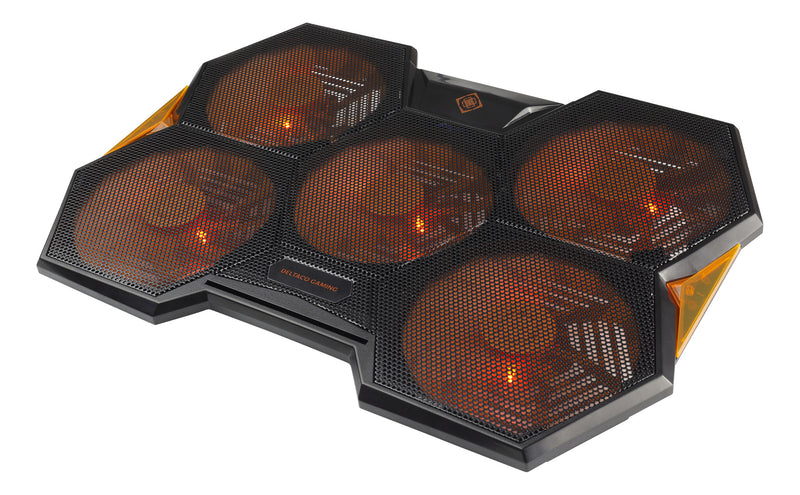 Deltaco Gaming Laptop køler, 1000-1300 RPM, 5x140mm fans, 2xUSB-A, 2xSupport positioner, sort / orange