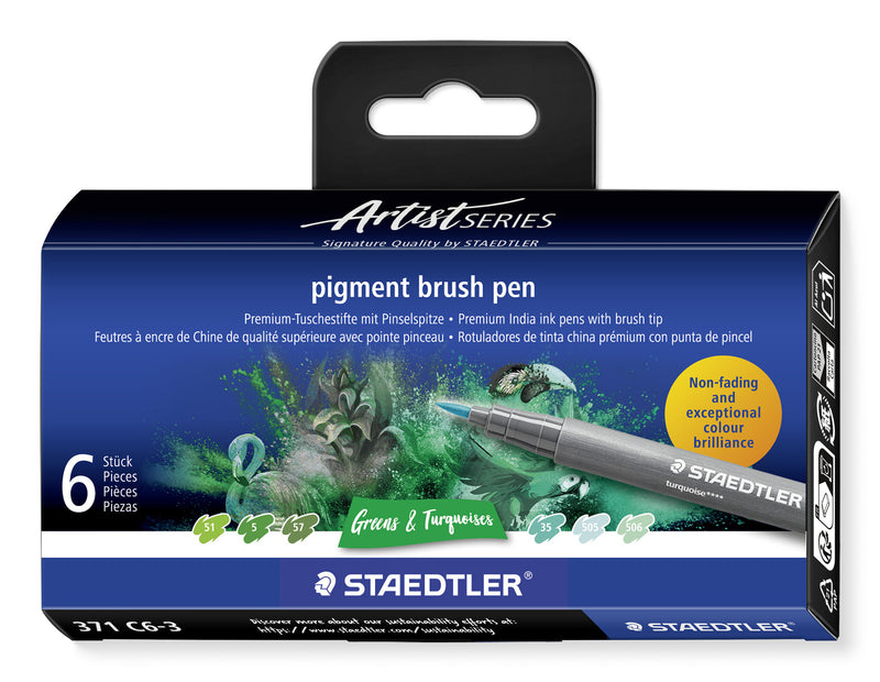 Staedtler Pigment Arts Brush Pen Greens & Turquoises filtpen Grøn, Turkis 6 stk