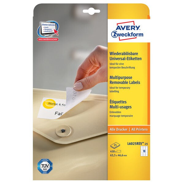 Avery L6025REV-25 print etiket Hvid Selvklæbende printeretiket