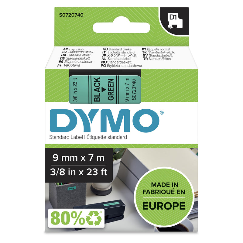 DYMO Ægte D1-etiketter | Sort tekst på grøn tape | 9 mm x 7 m | Selvklæbende etiketter til LabelManager-mærkningsmaskiner | Fremstillet i Europa