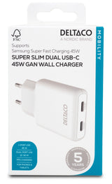 Deltaco USB-C wall charger 45 W, 2x USB-C PD, slim, tot 45 W, white