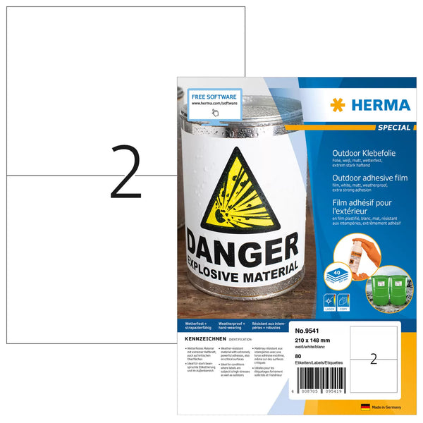 HERMA 9541 selvklæbende etiket Rektandel Hvid 80 stk