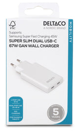 Deltaco USB-C wall charger 67 W, 2x USB-C PD, slim, tot 67 W, white