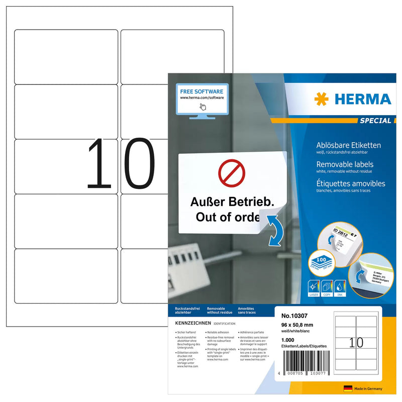 HERMA 10307 selvklæbende etiket Afrundet rektangel Aftagelig Hvid 1000 stk