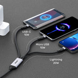 UNITEK 3-in-1 USB-C to USB-kabel USB 2.0 1,5 m USB C USB C/Micro-USB B/Lightning 0,48 Gbit/sek. 20 W Sort