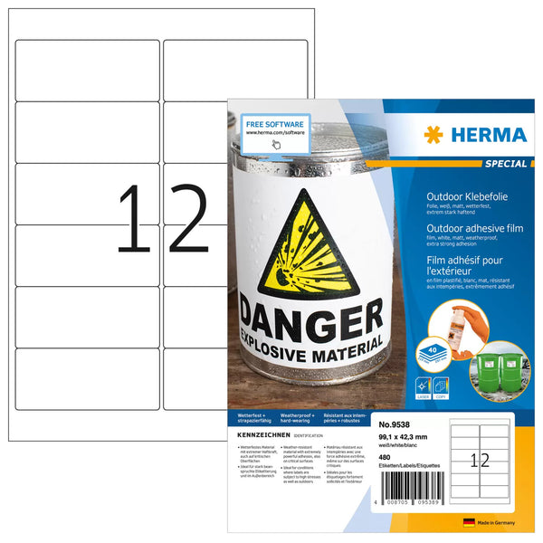 HERMA 9538 selvklæbende etiket Rektandel Hvid 480 stk