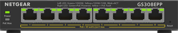 NETGEAR 8-Port Gigabit Ethernet High-Power PoE+ Plus Switch (GS308EPP) Administreret L2/L3 Gigabit Ethernet (10/100/1000) Strøm over Ethernet (PoE) Sort