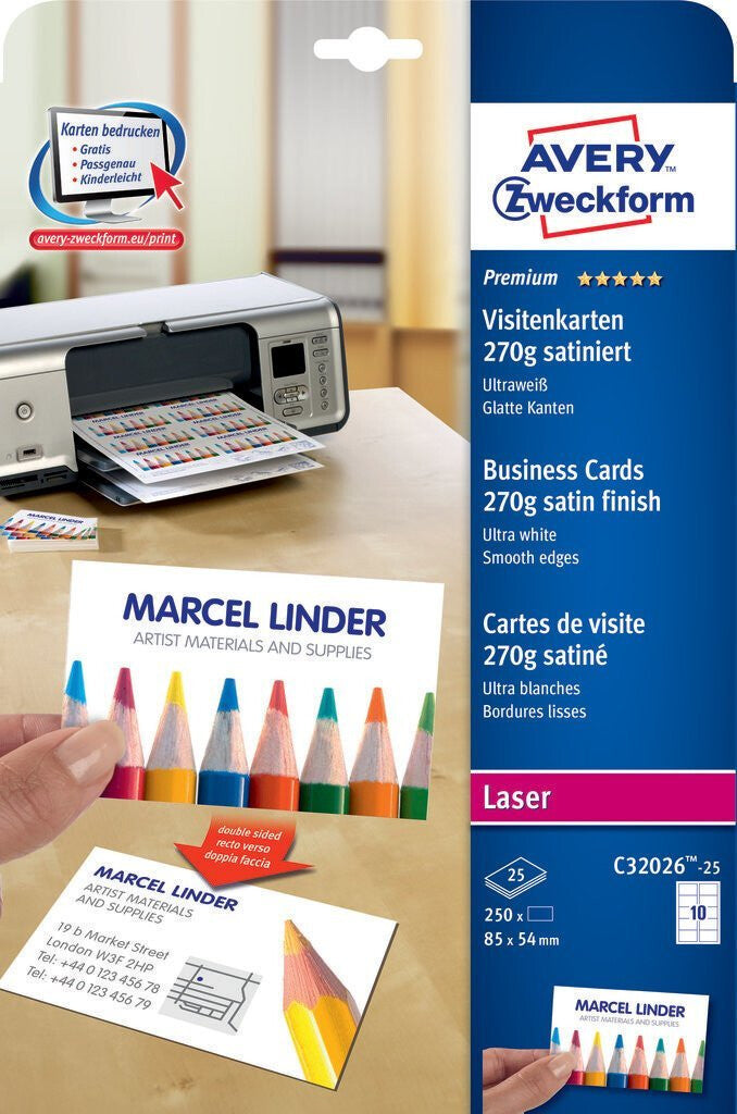 Avery C32026-25 visitkort Laser/inkjet Pap Hvid 25 stk