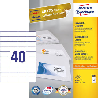 Avery 3651 selvklæbende etiket Rektandel Permanent Hvid 4000 stk