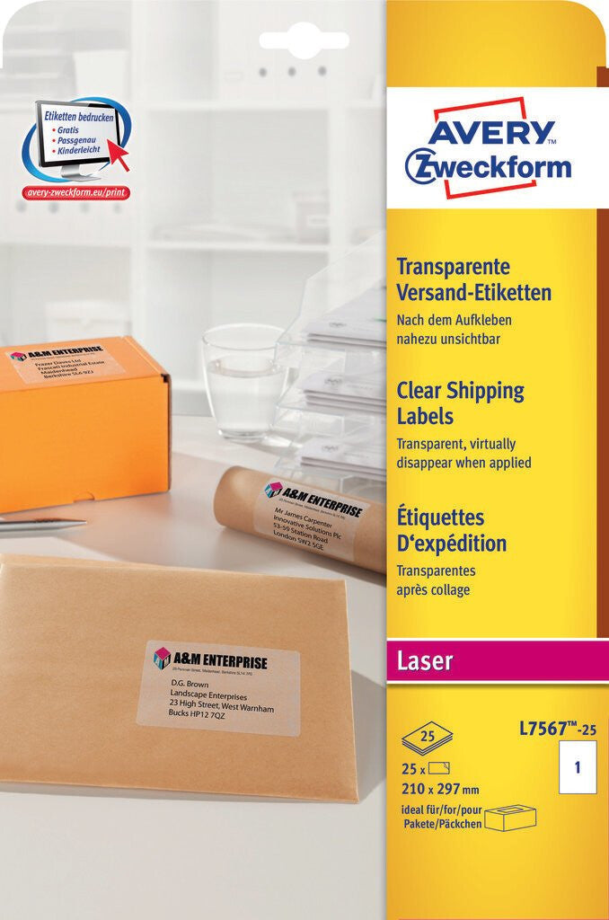 Avery L7567-25 selvklæbende etiket Afrundet rektangel Permanent Transparent 25 stk