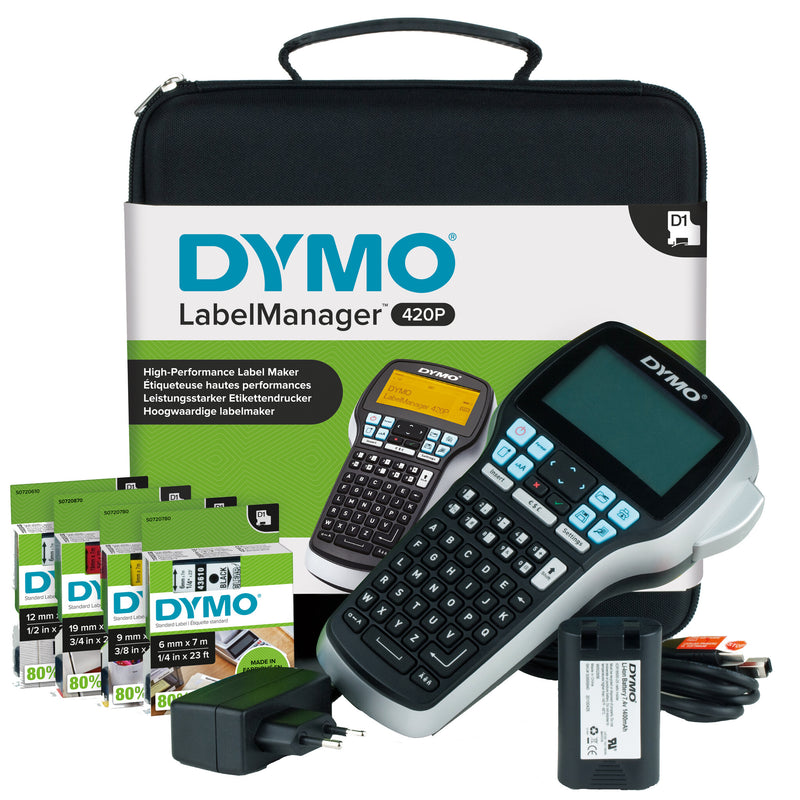 DYMO LabelManager 420P Højtydende Genopladelig Bærbar Labelmaskine Sæt | ABC-tastatur med 4 ruller D1-labels & bæretaske