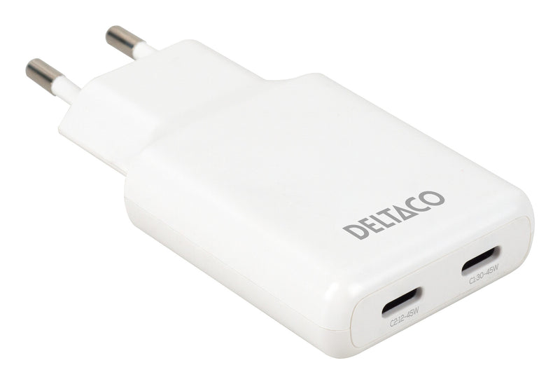 Deltaco USB-C wall charger 45 W, 2x USB-C PD, slim, tot 45 W, white