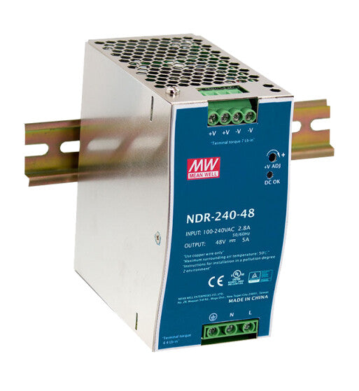 MEAN WELL NDR24048 strømadapter og vekselret Auto/indendørs 240 W Blå, Rustfrit stål