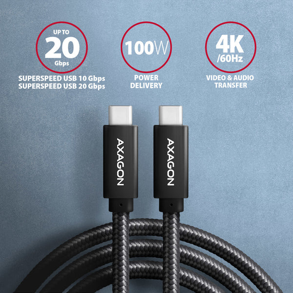 Axagon BUCM32-CM20AB USB-kabel USB 3.2 Gen 2x2 2 m USB C 20 Gbit/sek. 100 W Sort