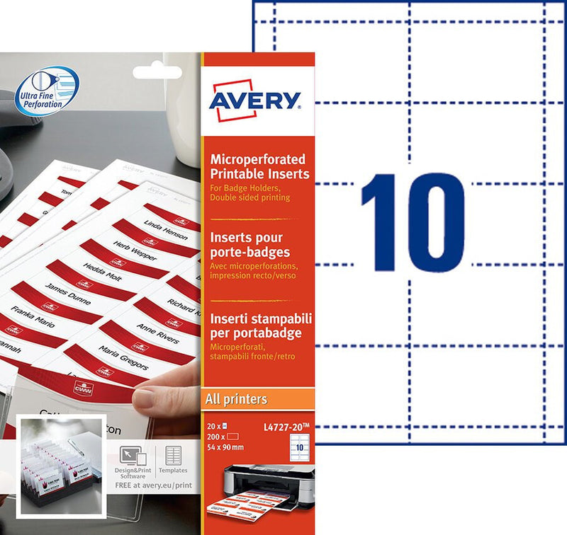 Avery L4727-20 tilbehør til skilteholder Badgeindsats Hvid 200 stk
