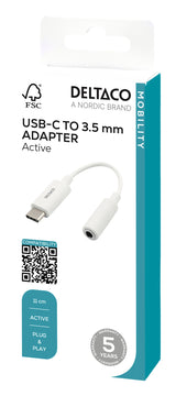 Deltaco USB-C til 3,5 mm adapter, stereo, aktiv, 11 cm, hvid