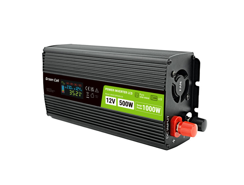 Green Cell Przetwornica napicia PowerInverter LCD 12 V 500W/1000W Przetwornica samochodowa z wywietlaczem - czysty sinus strømadapter og vekselret Automatisk Sort