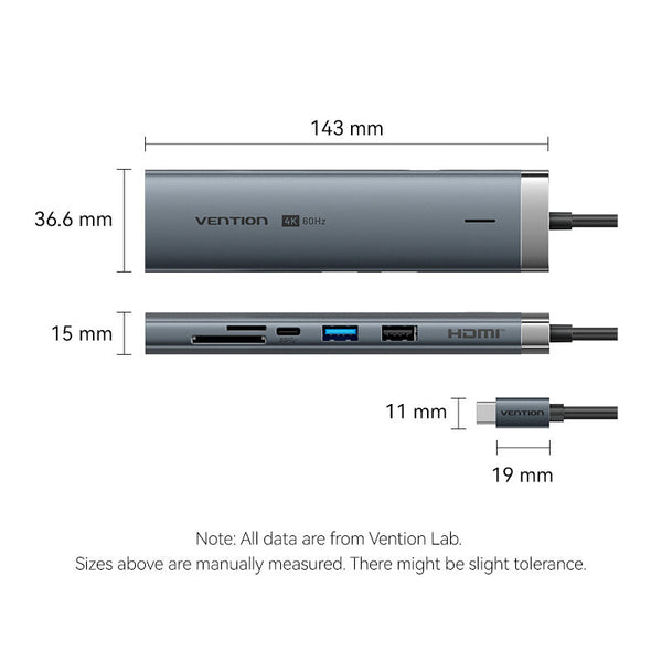 Vention TGVHB interface hub USB Type-C 5000 Mbit/s Grå