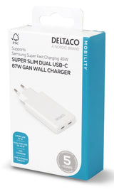 Deltaco USB-C wall charger 67 W, 2x USB-C PD, slim, tot 67 W, white
