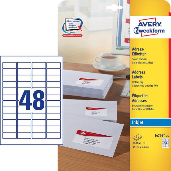 Avery J4791-25 selvklæbende etiket Afrundet rektangel Permanent Hvid 1200 stk