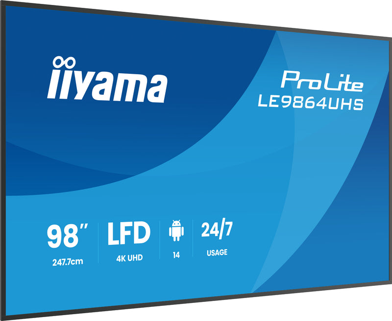 iiyama LE9864UHS-B1AG skilte display Digital fladpaneldisplay 2,49 m (98") Wi-Fi 500 cd/m² 4K Ultra HD Sort Indbygget processer Android 24/7