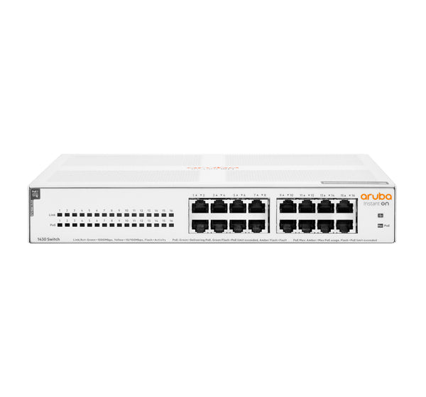 HPE Aruba Networking Aruba Instant On 1430 16G Class4 PoE 124W Ikke administreret L2 Gigabit Ethernet (10/100/1000) Strøm over Ethernet (PoE) 1U Hvid