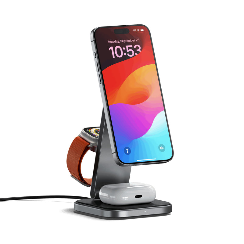 Satechi ST-Q31FM-EA oplader til mobil enhed Hovedtelefoner, Smartphone, SmartWatch Grå, Sort USB Trådløs opladning Indendørs