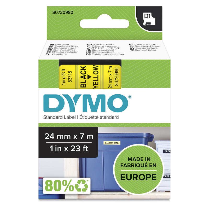 DYMO Ægte D1-etiketter | 24 mm x 7 m rulle | Sort tryk på gul | Selvklæbende etiketter til LabelManager-etiketprintere
