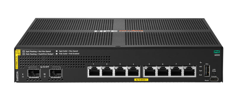 HPE Aruba Networking CX 6000 8p 10M/100M/1G Class4 PoE 2p SFP 1G 67W Switch Administreret L2 Gigabit Ethernet (10/100/1000) Strøm over Ethernet (PoE) 1U Sort