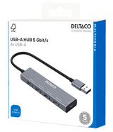Deltaco USB-A hub, 4x USB-A female, 5 Gbps, aluminum, grey