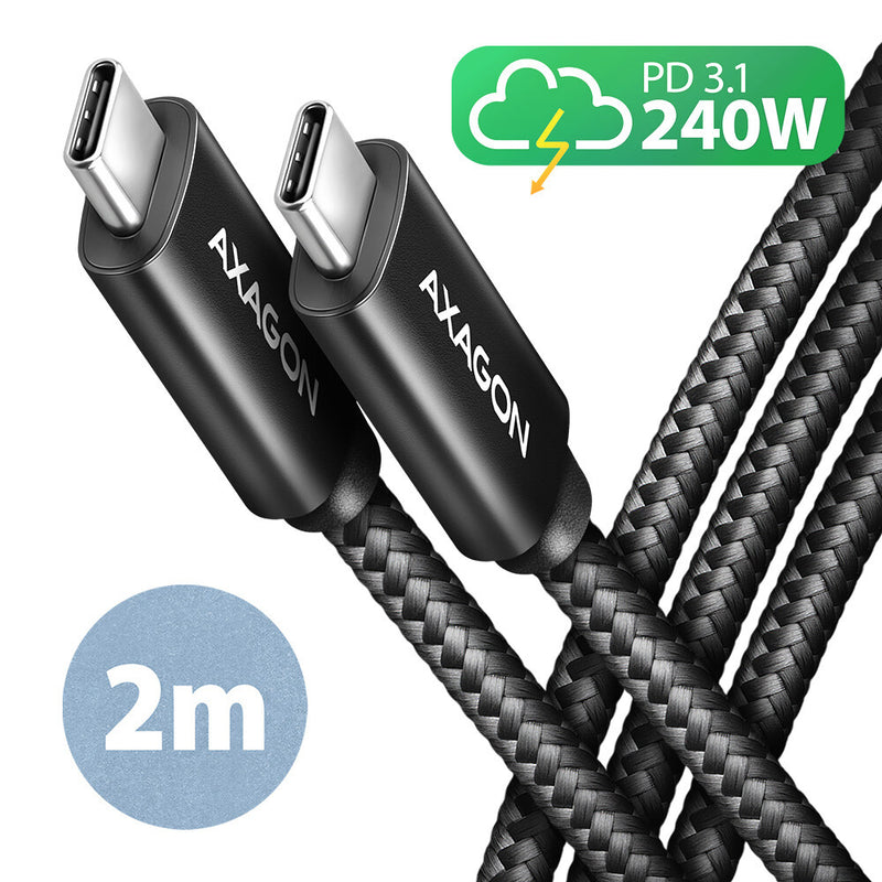 Axagon BUCM2-CM20AB Ladekabel USB-C zu USB-C 2.0, 2 m, PD 240 W 5 A, ALU - Schwarz - 2 Meter langes USB-C zu USB-C Kabel - Daten- und Ladefähig USB-kabel USB 2.0 USB C 0,48 Gbit/sek. Sort