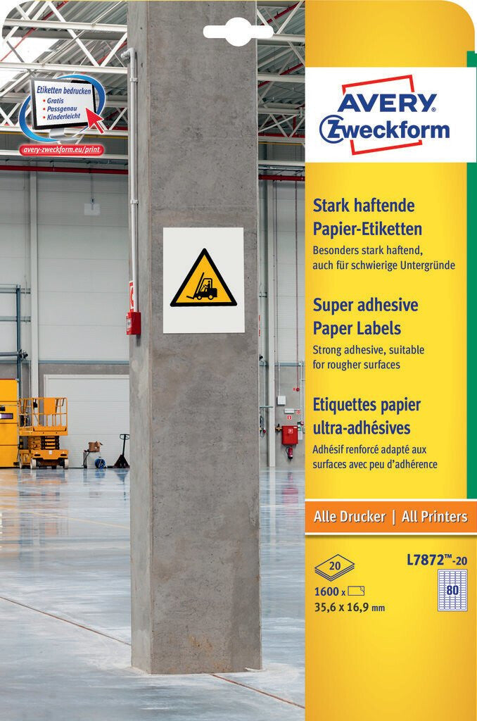Avery L7872-20 selvklæbende etiket Rektandel Permanent Hvid 1600 stk