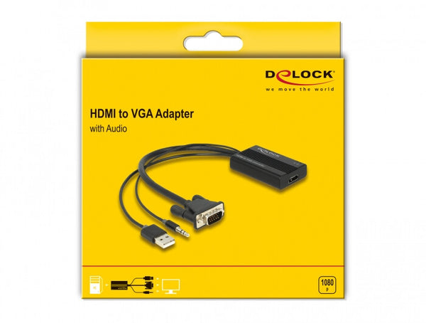 DeLOCK 64172 videokabel adapter 0,25 m HDMI Type A (Standard) VGA (D-Sub) + 3.5mm + USB Type-A Sort