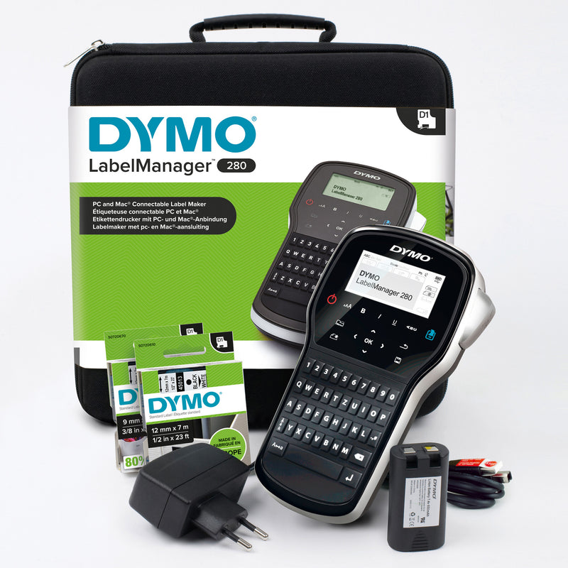 DYMO LabelManager 280 Genopladelig Håndholdt Labelmaskine Sæt | QWERTY-tastatur | med 2 ruller D1-labels og bæretaske