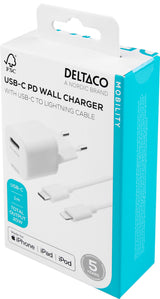 Deltaco USB-C PD vægoplader med 1 m aftageligt USB-C til lightning kabel, hvid