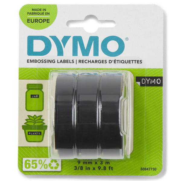 DYMO Original Prægeetiketbånd | 9 mm x 3 m ruller | Hvid tekst på sort | Selvklæbende | til prægeetiketmaskiner | 3 stk.