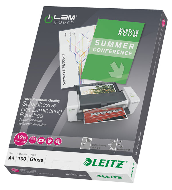 Leitz iLAM selvklæbende A4-lamineringslommer, 125 my, pakke med 100 stk.