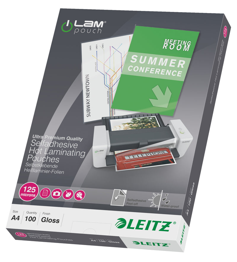 Leitz iLAM selvklæbende A4-lamineringslommer, 125 my, pakke med 100 stk.