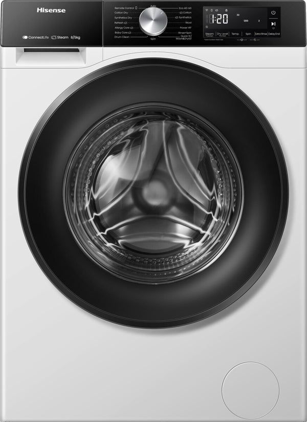 Hisense Vaske tørremaskine (8/5 kg) med Wash&Dry 60’, Auto Wash tilpasning og dampprogrammer til hygiejnisk tøjpleje. Wi Fi styring og invertermotor giver fleksibilitet, pålidelig drift og en pladsbesparende løsning til hverdagen.